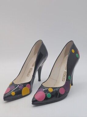 VTG Hokus Pokus Polka Dot Patent Leather Pumps Pointed Toe Heels 6.5 SpainDe